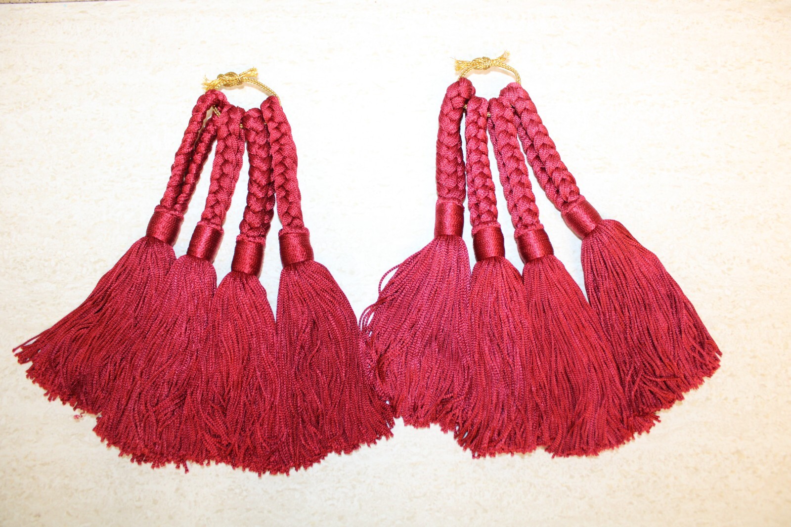 Lot of 6 Crimson Red Curtain Tie Backs: Shiny Braided Hoop Rope w/Tassels