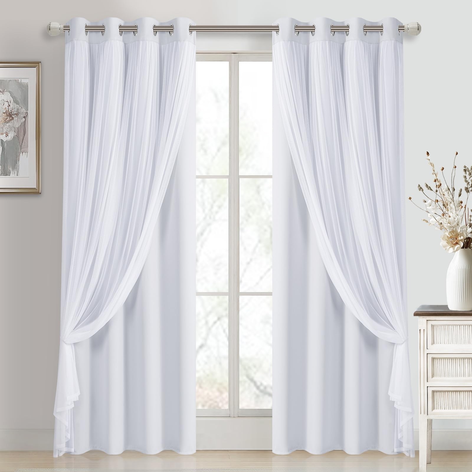White Blackout Curtains with Sheer Overlay with Tiebacks 84 Inch Long