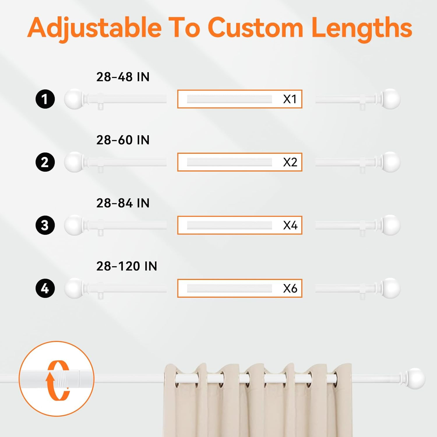 For Window size 36″-62″ long Matte White HD metal Window Curtain Rod rail 1 pack