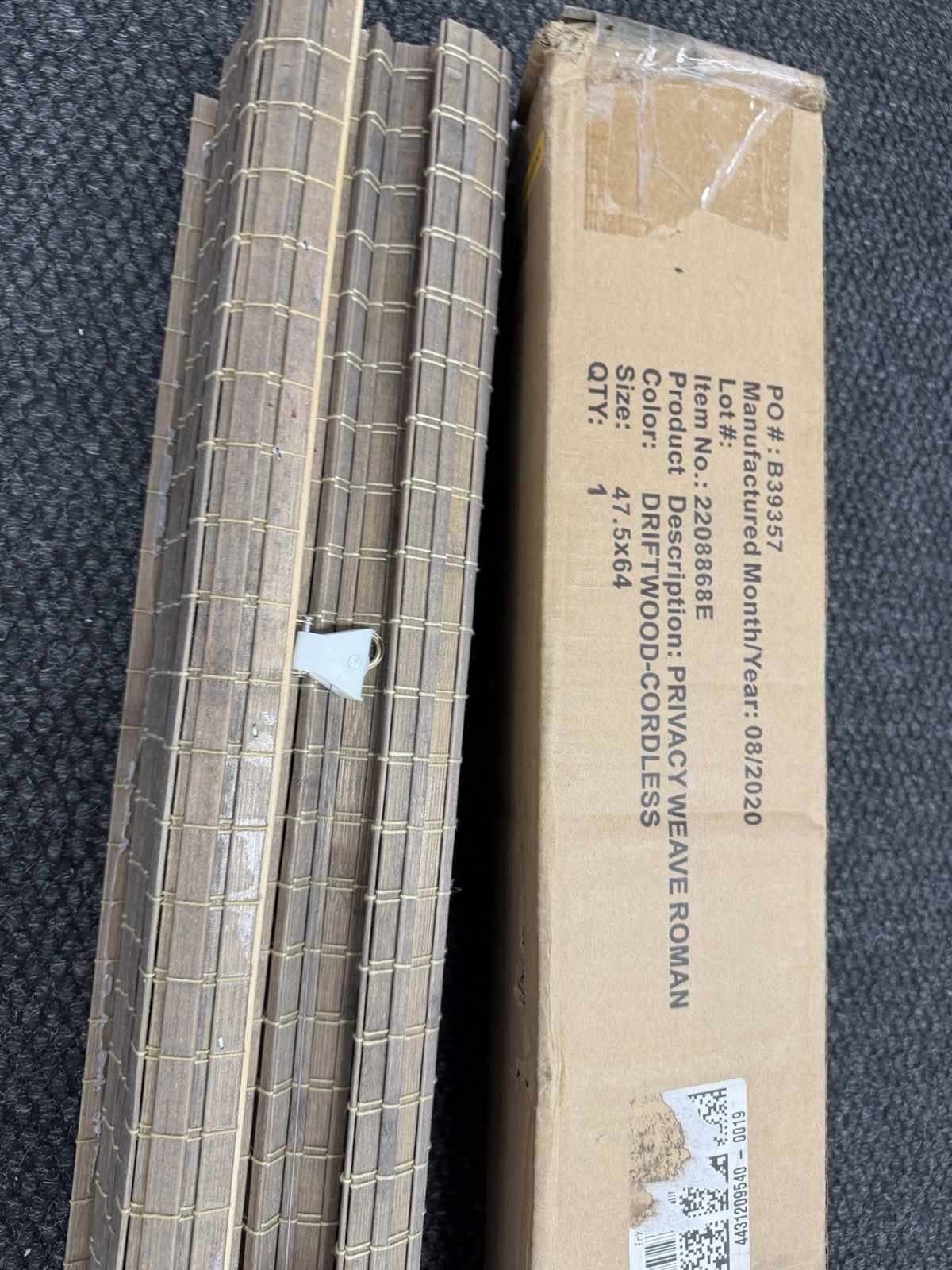 Cordless Privacy Weave Roman Shade Driftwood Wood 47.5×64 Window Frame Mounted