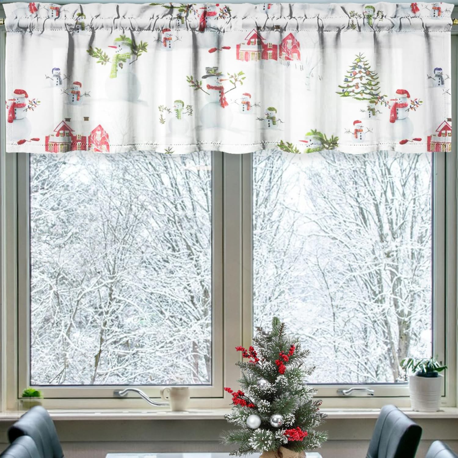Winter Kitchen Curtains Valances 3 Piece Set, Christmas Snowman Xmas Tree Rod…