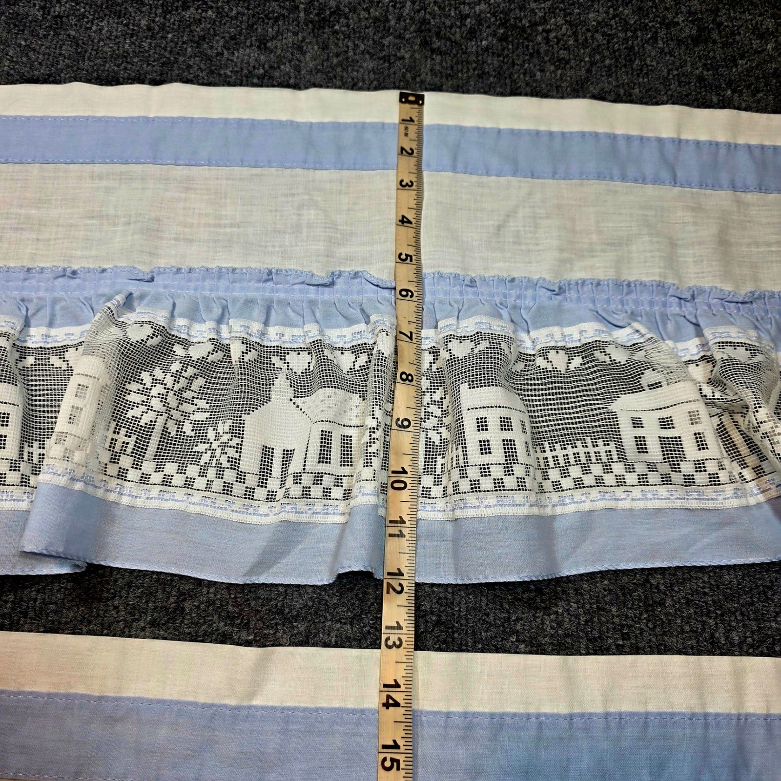 Vintage Blue White Village Scene Lace Ruffle Tier Curtains Set of 2 Valance USA