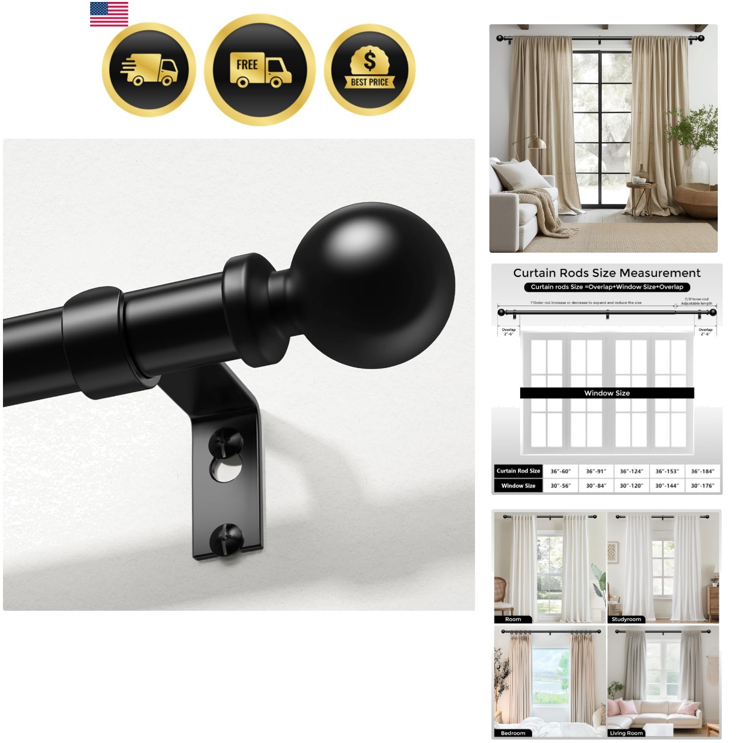 Curtain Rods 36-91 Inch, Black 1 Inch Adjustable Heavy Duty Curtain Rods for …