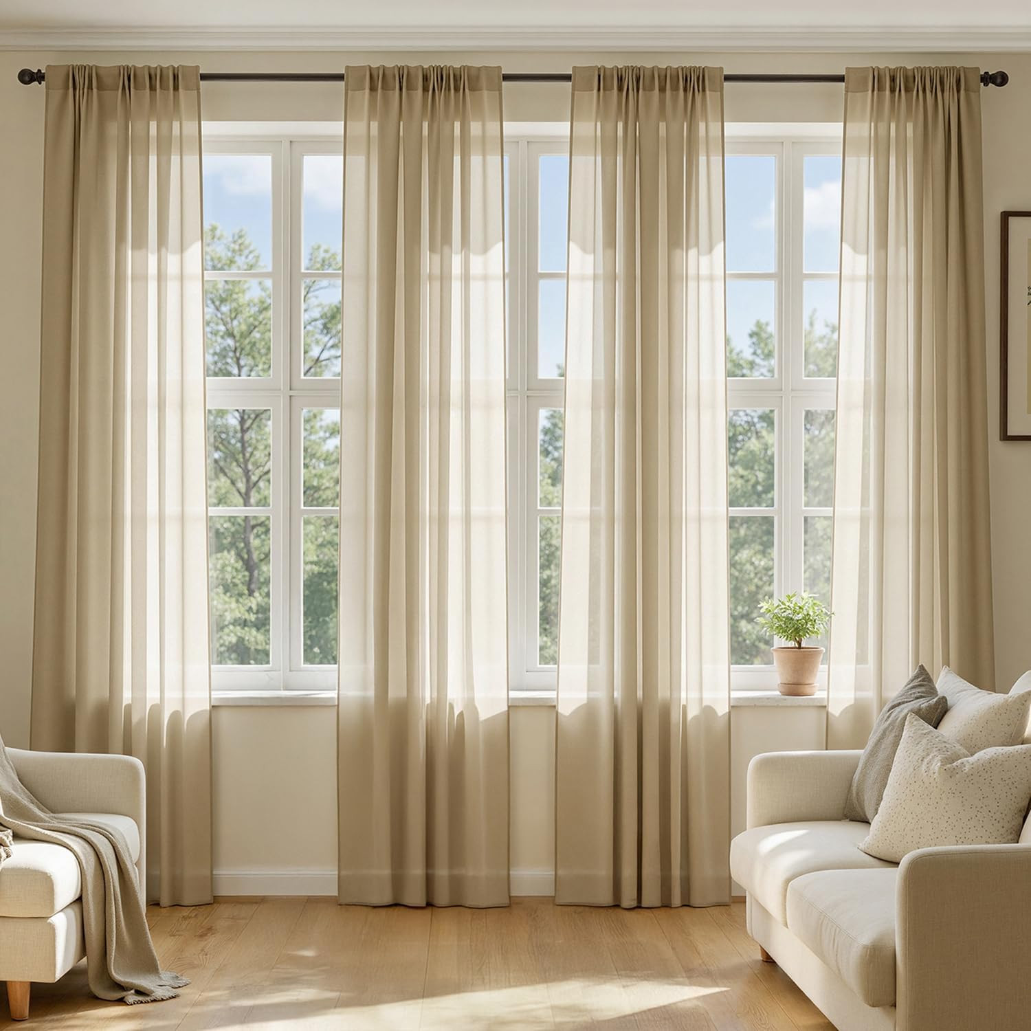 MIULEE Beige Sheer Curtains 63 Inches Long, 4 Panels Set, Rod Pocket Voile Drape