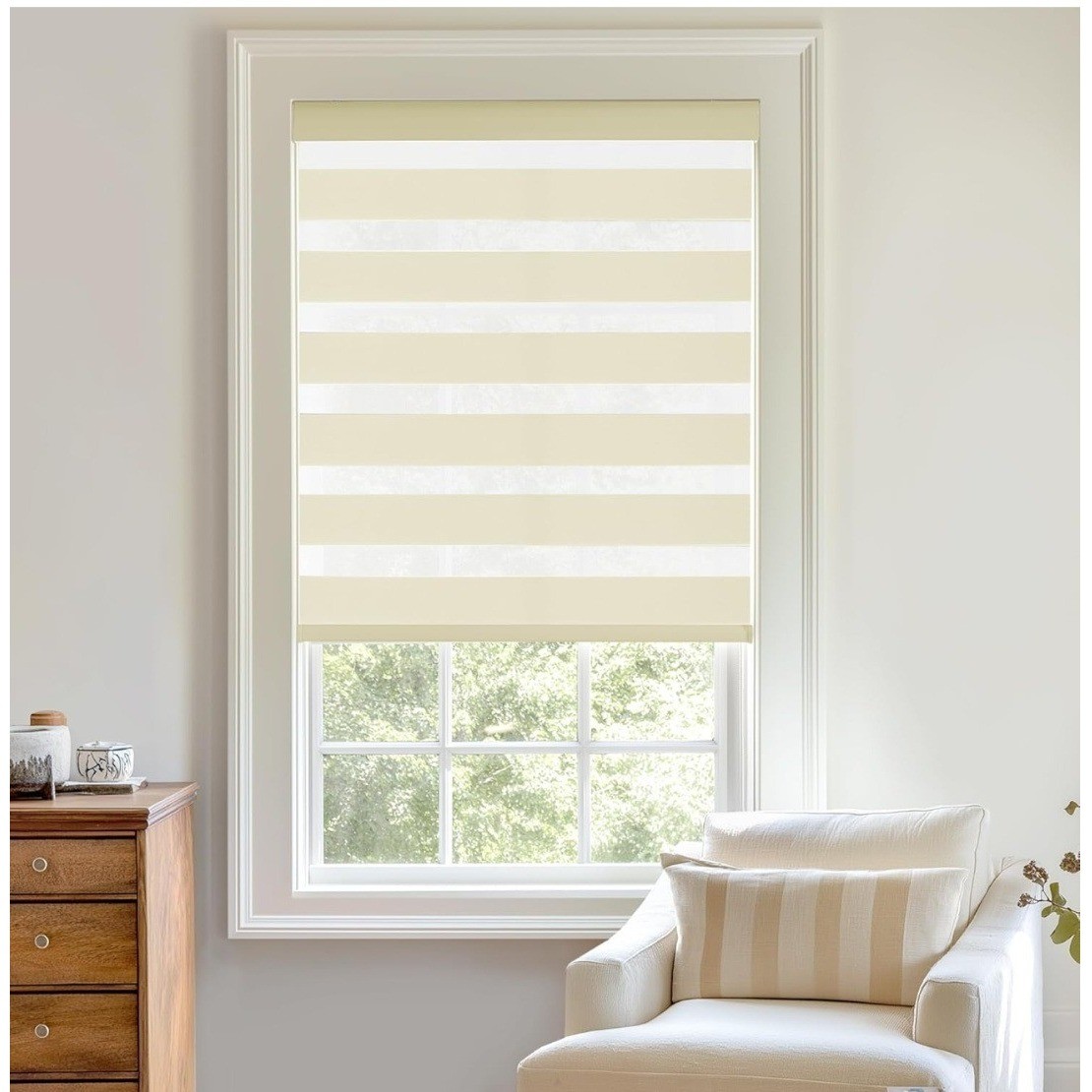 ChrisDowa Cordless Zebra Blinds 45W x 72H Beige Dual Layer Roller Window Shades