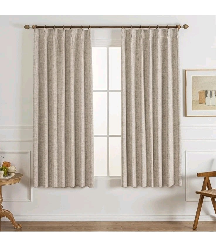 72 Inch Long Natural Linen Pinch Pleated 100% Blackout Curtains & Drapes,Bedroom