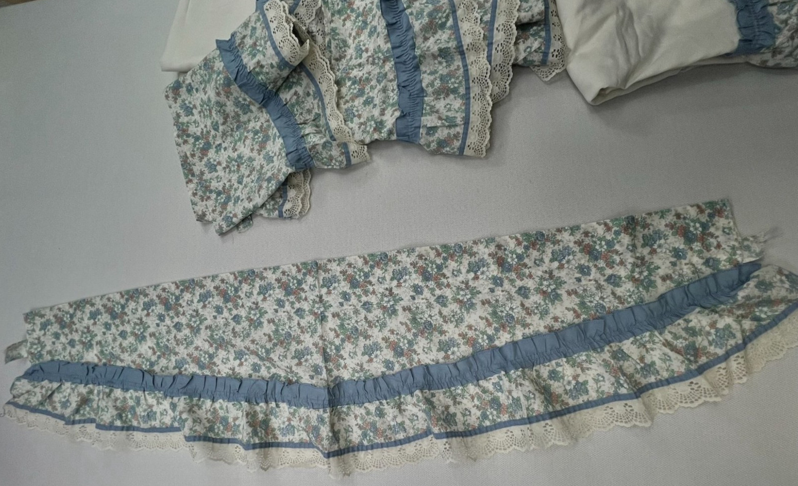 Vintage Country Floral Curtains Valance Tiers Blue Cottagecore Ruffle Lot of 8