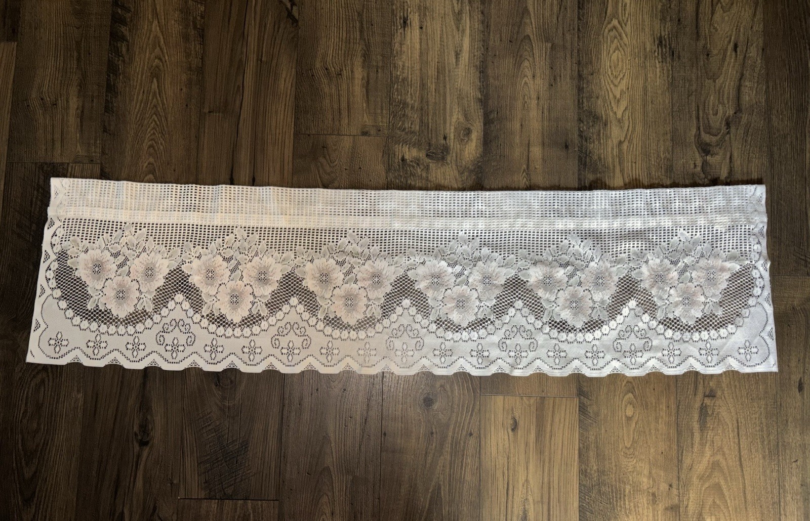 Window Valance Floral White & Light Pink Crochet Double Rod Pockets 56×14.5