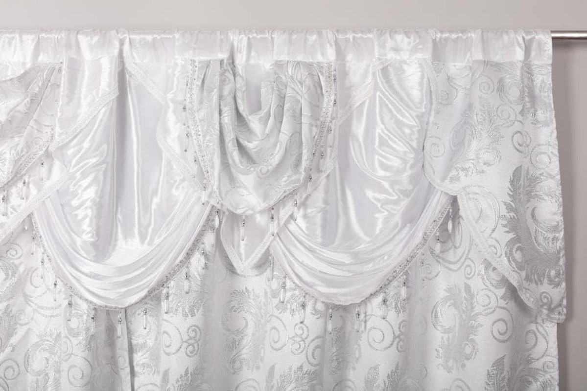 Jacquard Luxury Window 2 Panel Set White Curtain with Attached Valance and Backi