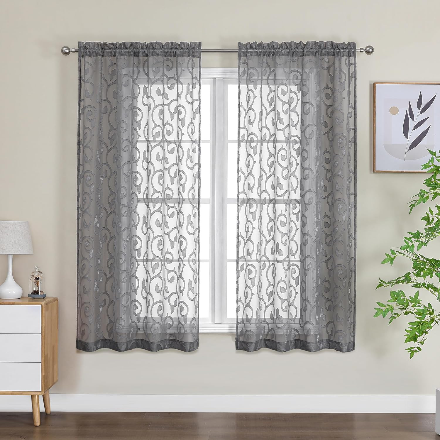 Furman Sheer Curtains 63 inch Length for Bedroom Living Room 2 Panels Set, Jacqu