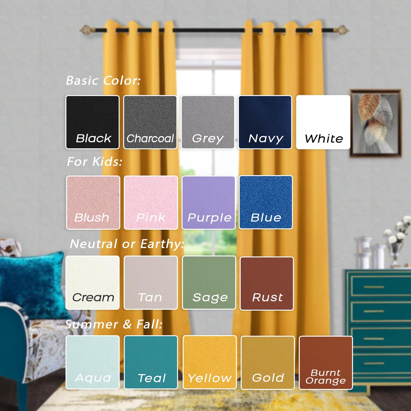 Mrs.Naturall Yellow Kitchen Window Curtains Over Sink,Blackout 45 Inch Length…