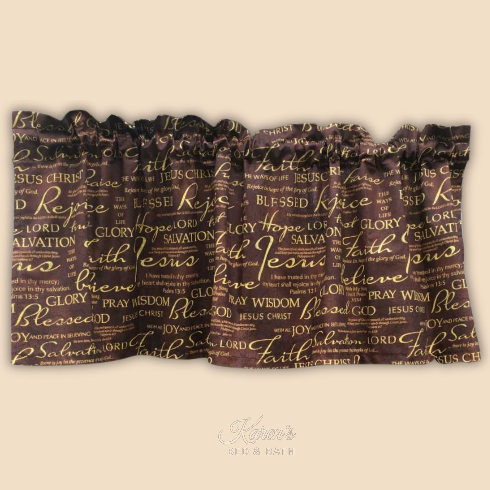 Faith Valance – Christian Scripture Word Curtain Brown Gold Inspirational Decor