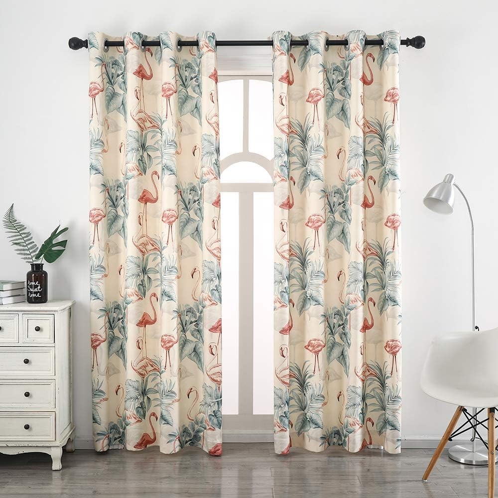 White Blackout Curtains Grommet Microfiber Pastoral Leaves Flamingo Floral