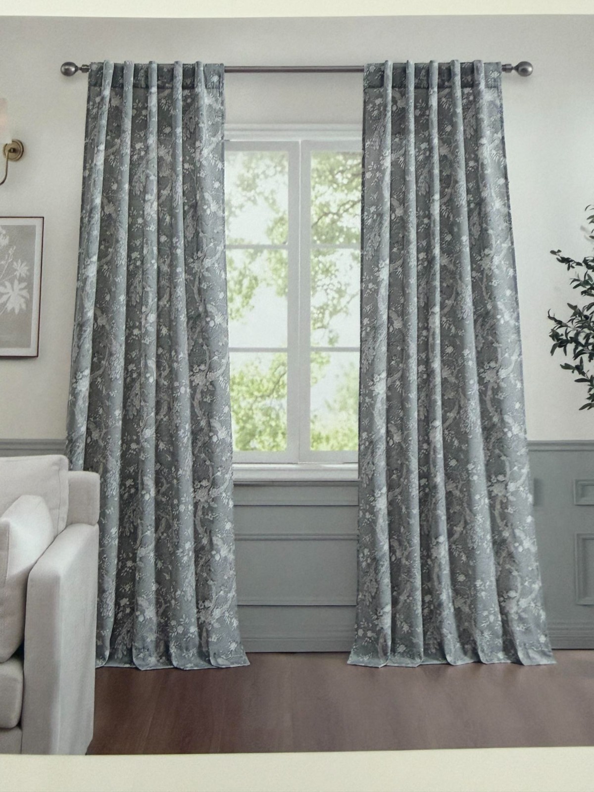 Laura Ashley set of 4 Cotton Blend Curtains 38×96 Gray Peacock Belvedere Floral