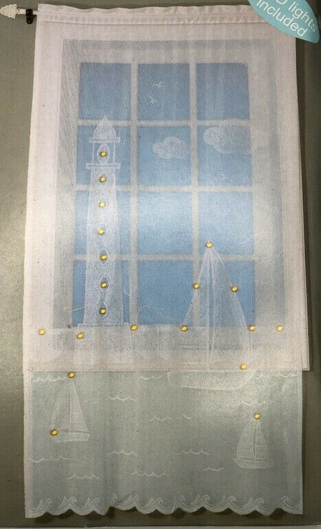 Coastal White Lighted Lace Window Panels Set of 2 Sailboats Lighthouse Nautical