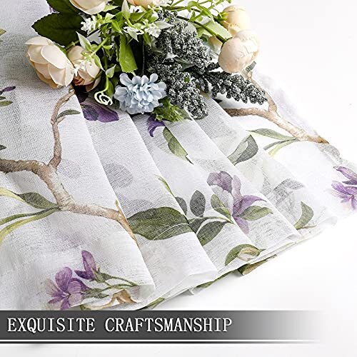 Floral Short Sheer Tier Curtains Cherry Flower Butterfly 30″W x 24″L Purple