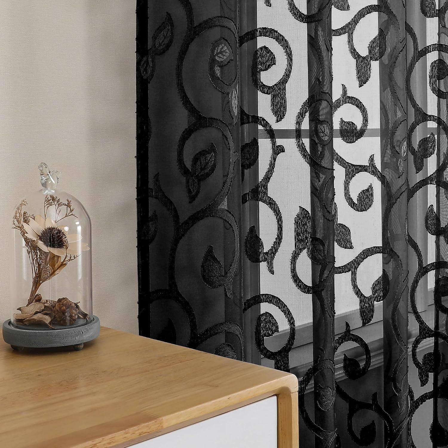 Furman Sheer Curtains 45 Inch Long 2 Panels Set, Airy Jacquard Clip Short Voile