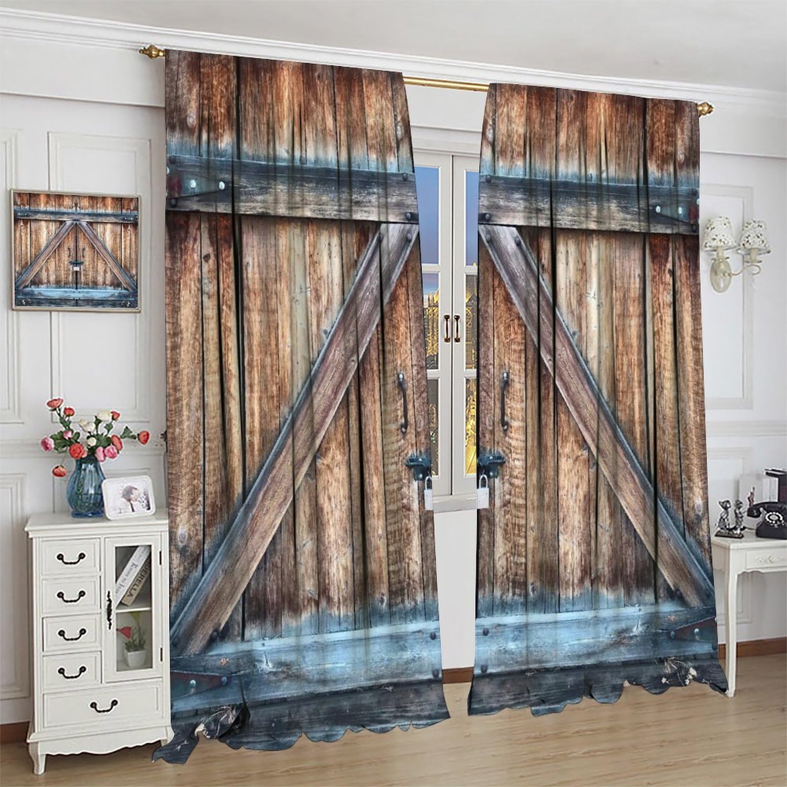 Rustic Country Kitchen Curtains Retro Farmhouse Vintage Barn Door Wooden Board P