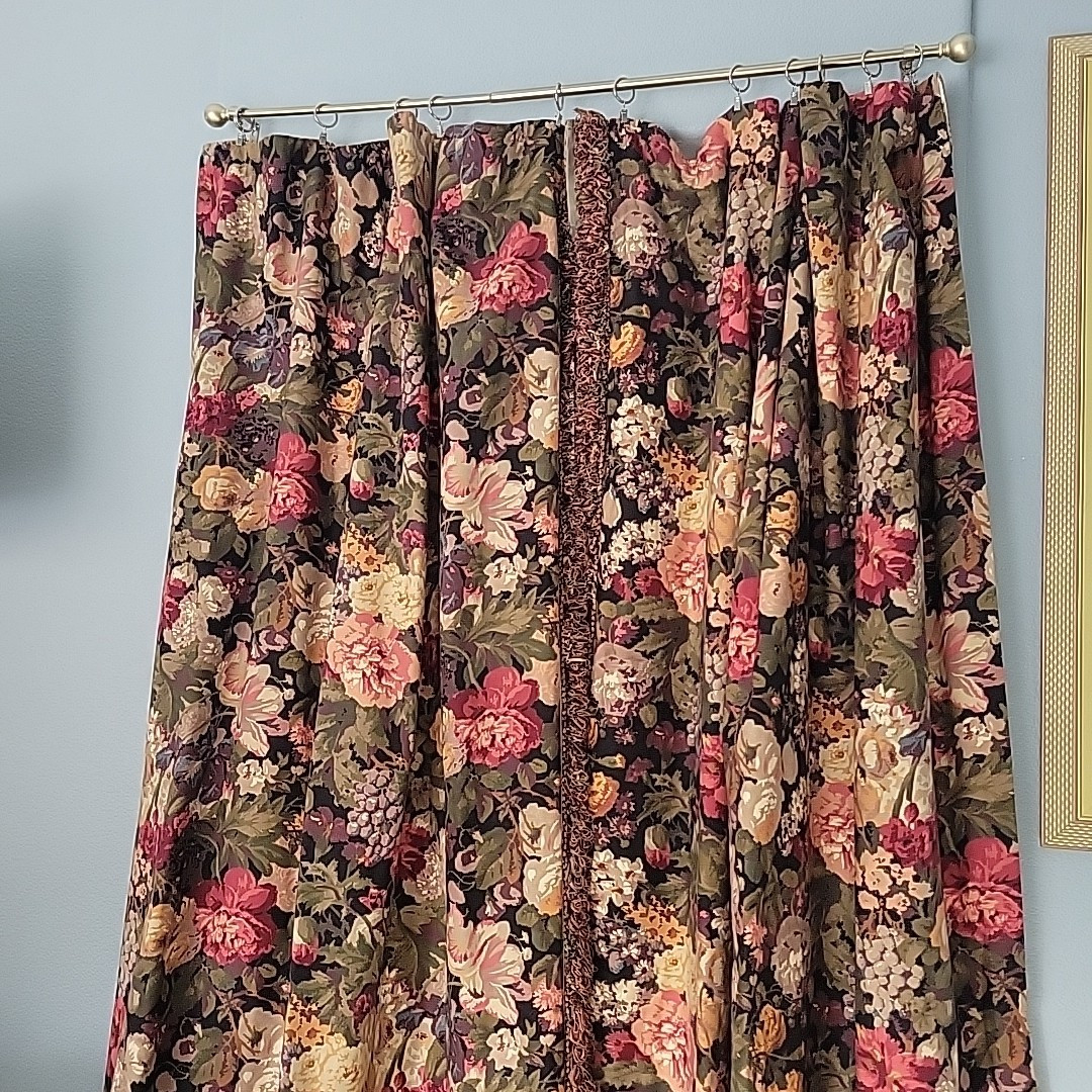 Custom Drapes Curtains Black Floral Lined Interlined Blackout Fringe 108×100