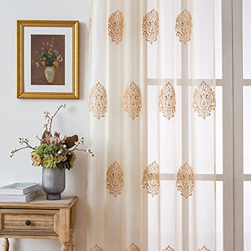 Embroidered Sheer Curtains 52″W x 96″L (Pack of 2) Sheer With Beads-damask