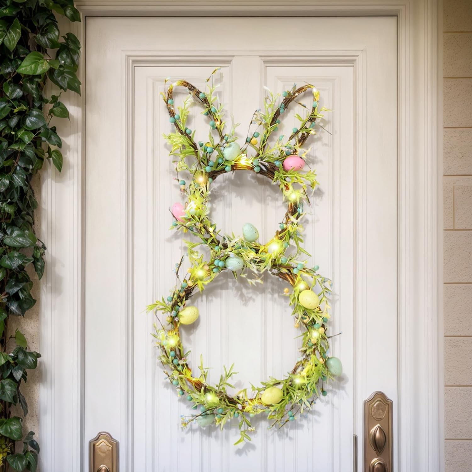 [Timer] Easter Bunny Wreath for Front Door, Lighted Easter Wreaths with 30 LED W