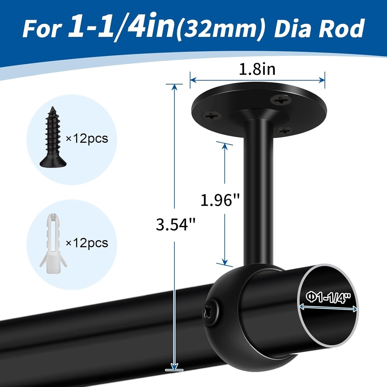 Heavy Duty Ceiling Curtain Rod Brackets – 4 Pack for 1-1/4 Inch Drape Poles