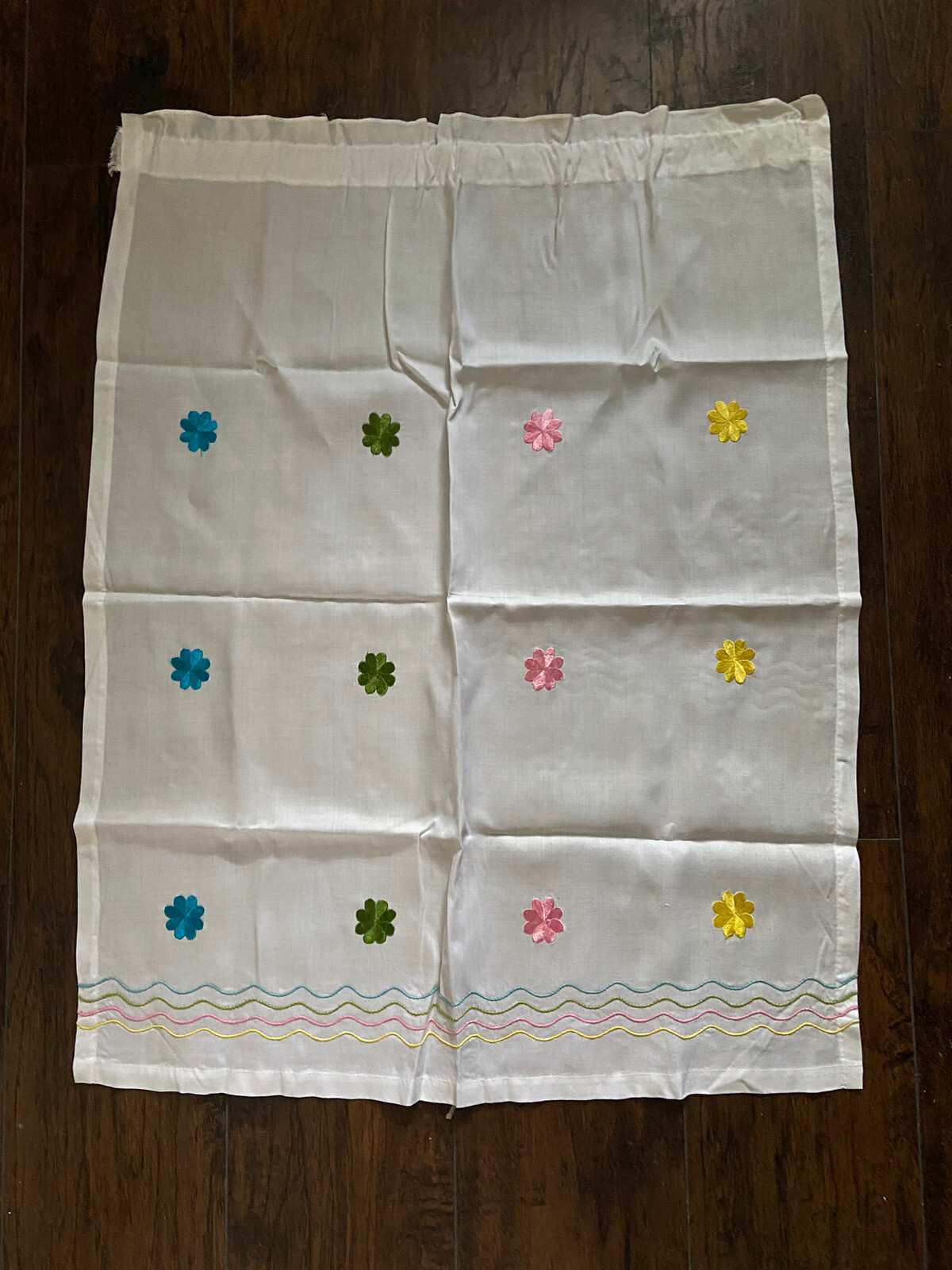 Vintage White Curtains W/Valence Embroidered Multi Colored Floral Design vg