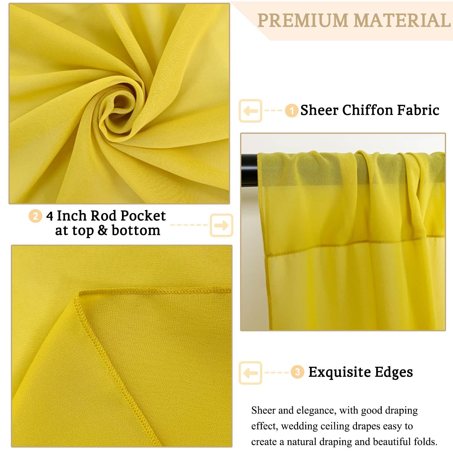MODFUNS Ceiling Drapes for Parties Gold Sheer 60″W x 360″L (Pack of 4),