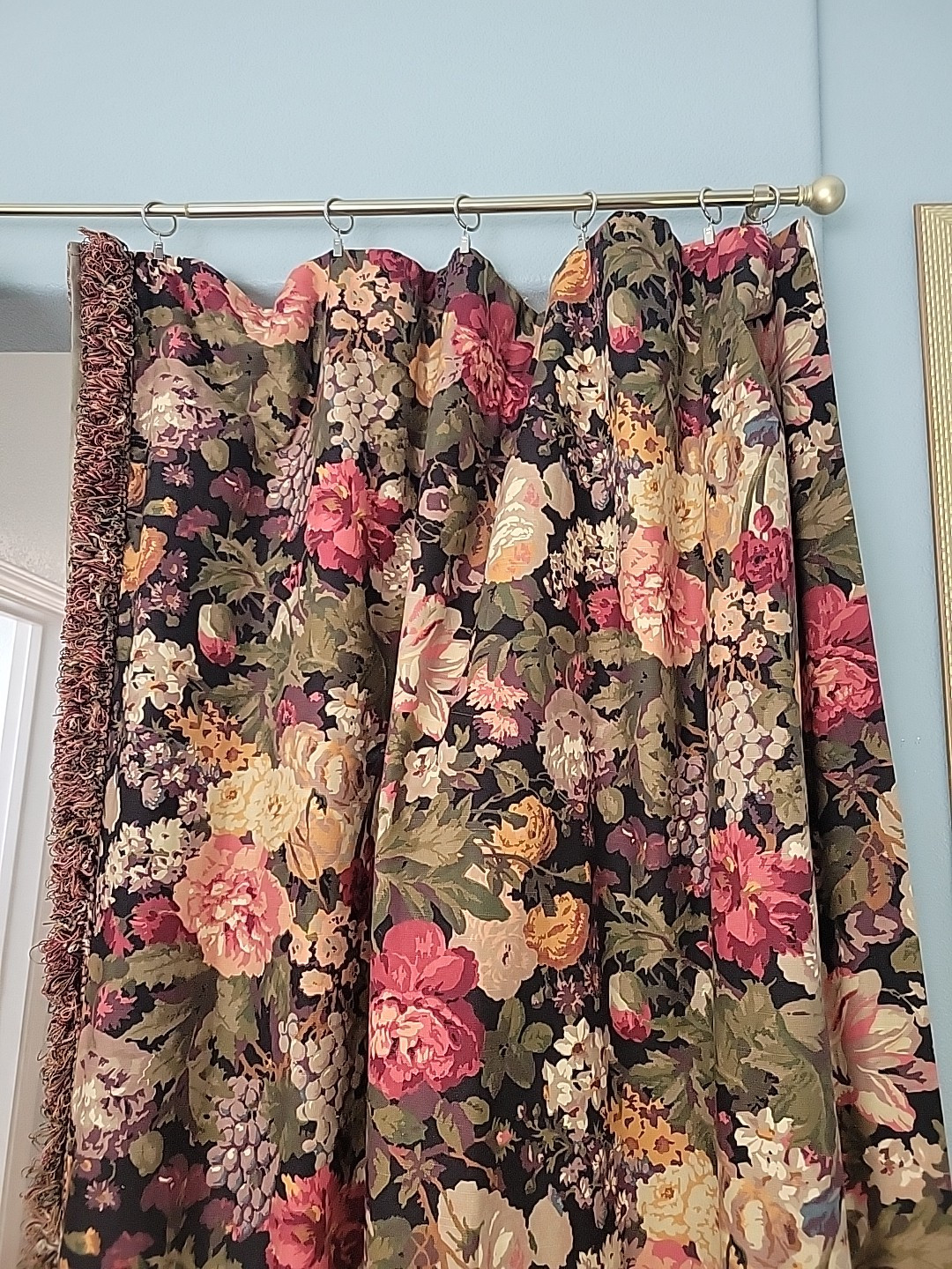 Custom Drapes Curtains Black Floral Lined Interlined Blackout Fringe 108×100