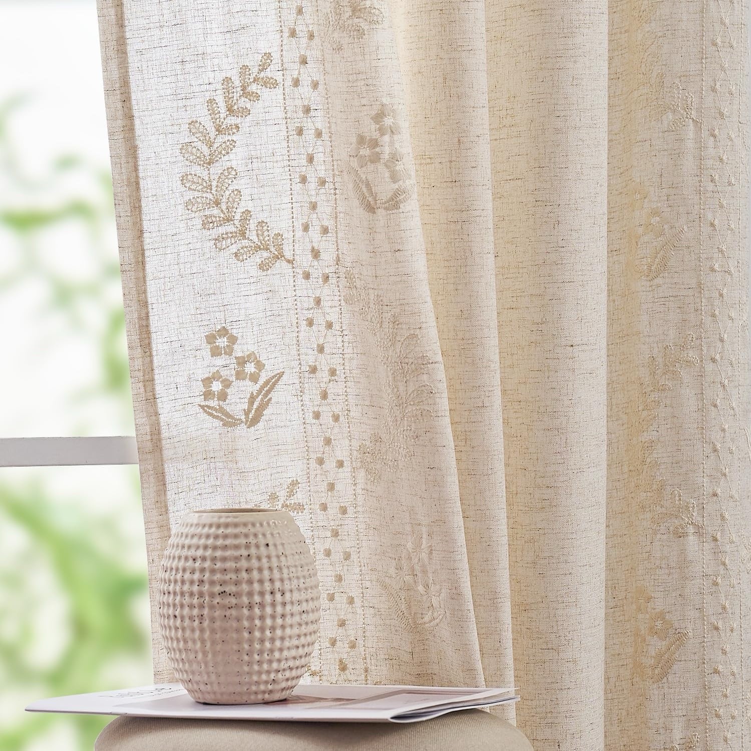 Linen Blend Floral Curtains 50 x 96 Ivory Embroidered Farmhouse Drapes 2 Panels