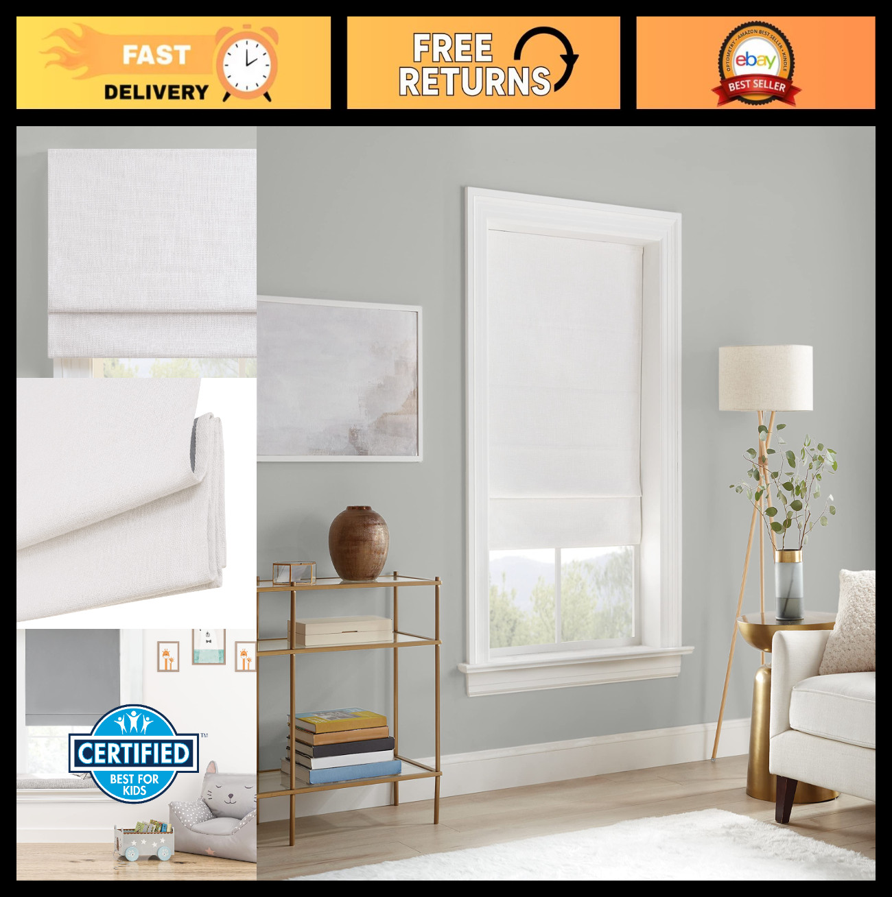 Noise Reducing Blackout Cordless Roman Shade, 31″x64″, White, Perfect for Living