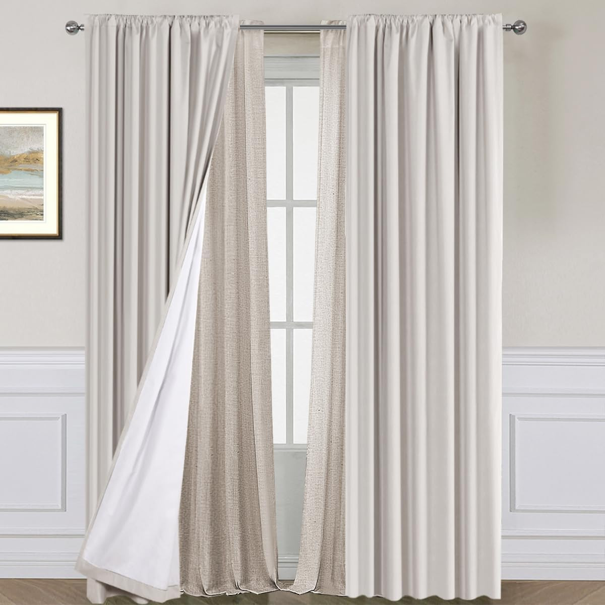 Light Filtering Linen Curtains 84″ Rod Pocket – 100% Blackout Angora Bundle