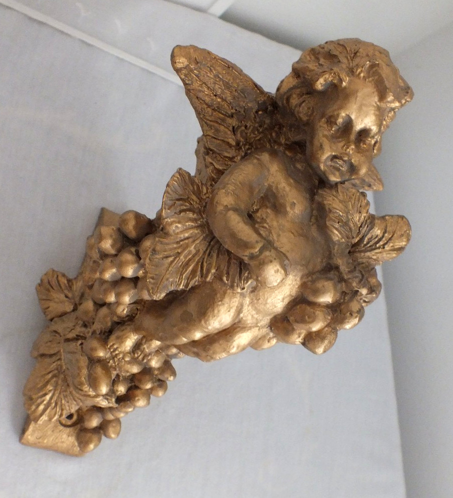 vintage Cherub angel resin antique gold paint curtain rod pole bracket hanger