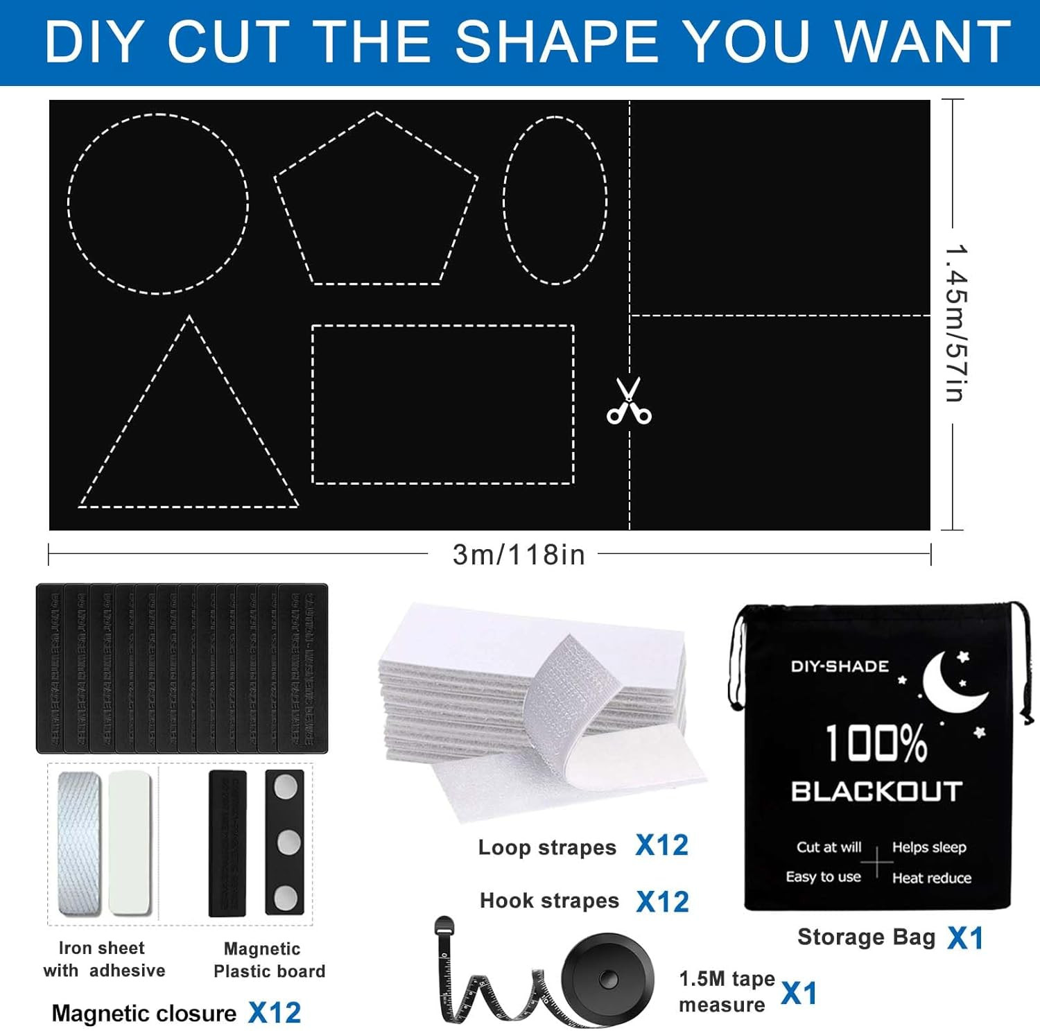 100% Blackout Blind Magnetic Blackout Window Cover 118 X 57Inch,Black Out Curtai