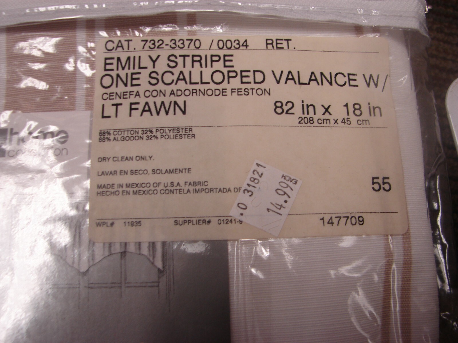 1PC LINED Emily Stripe scalloped WINDOW DRESSING VALANCE TOPPER SWAG 18 x 82