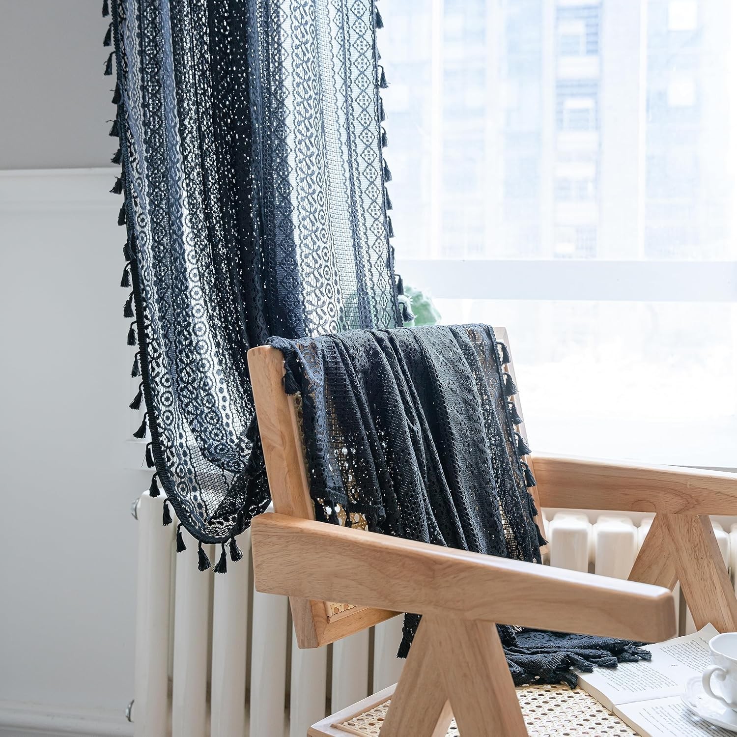 Black Boho Curtain Crochet Lace Handmade Tassels Vintage Rustic Bohemian Drape