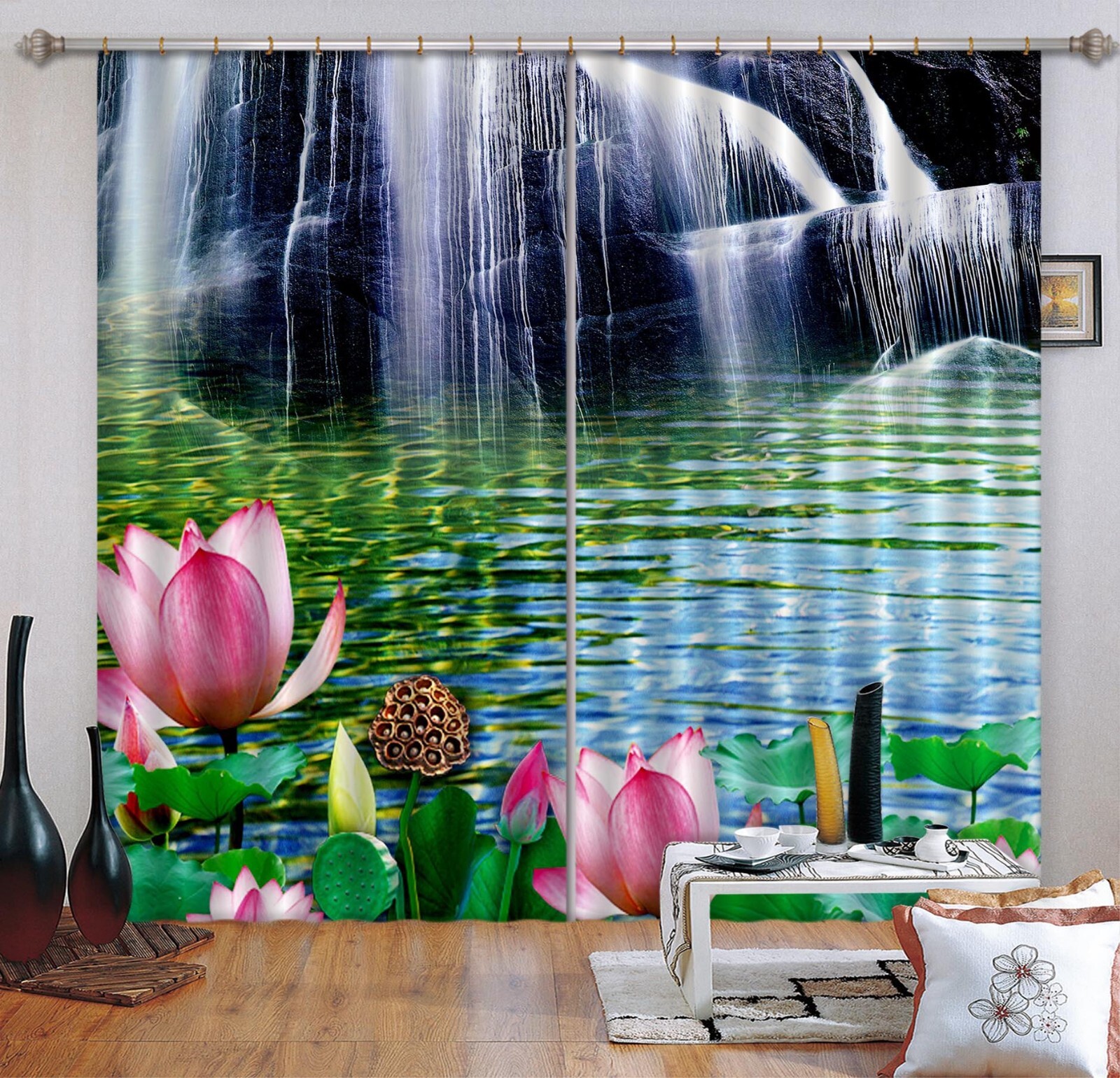 3D Waterfall Lotus ZHUA1684 Photo Curtain Window Blockout Fabric Amy 2023