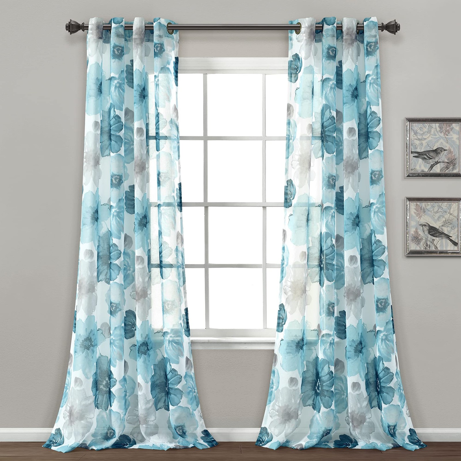 Leah Floral Sheer Window Curtain Panels, Pair, 52 W x 84 L, Blue – Floral Curtai