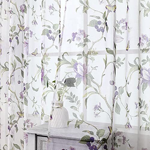 Floral Short Sheer Tier Curtains Cherry Flower Butterfly 30″W x 24″L Purple