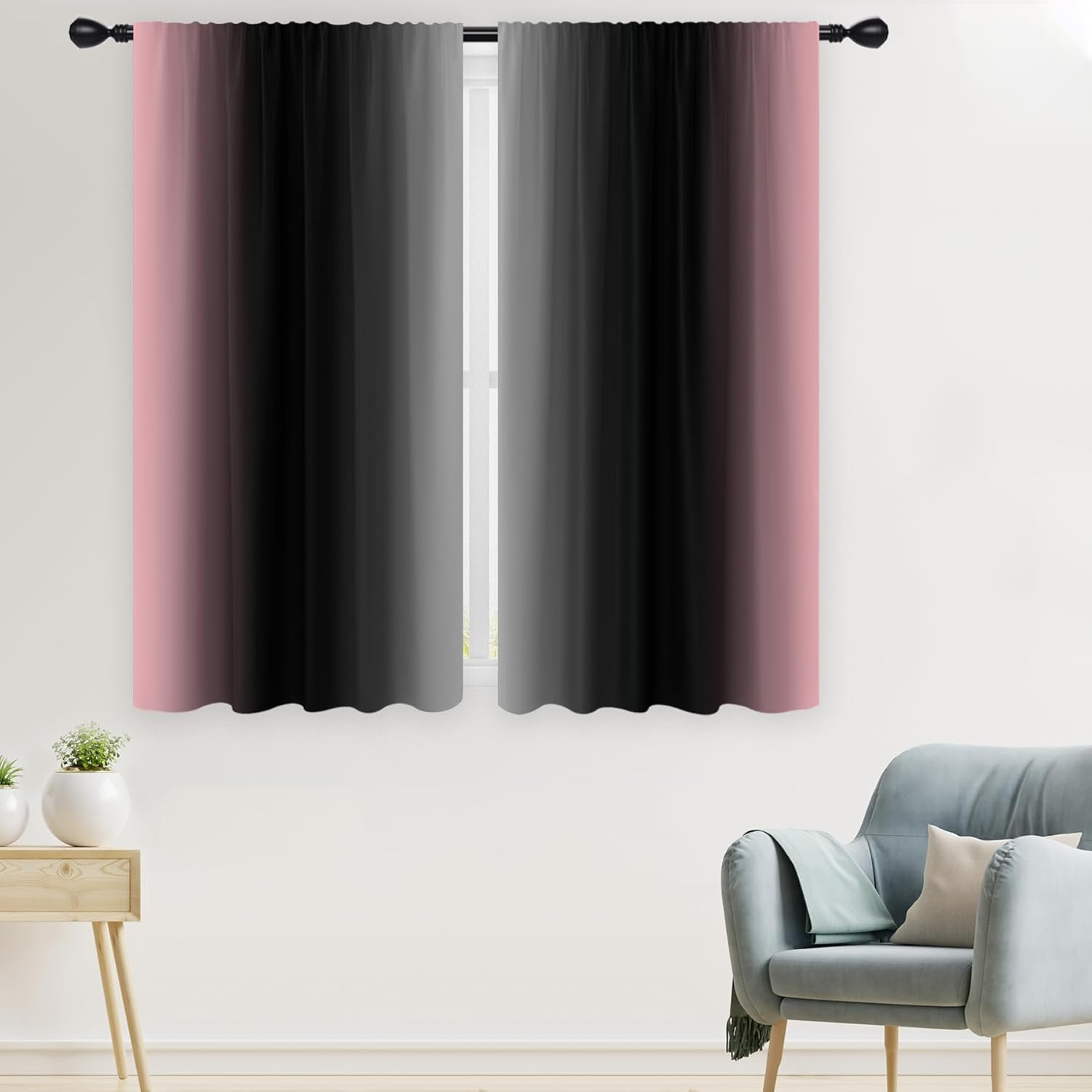 Pink Black Ombre Curtains 2 Panel Set, Grey Gradient Gothic Goth Dark Aesthetic