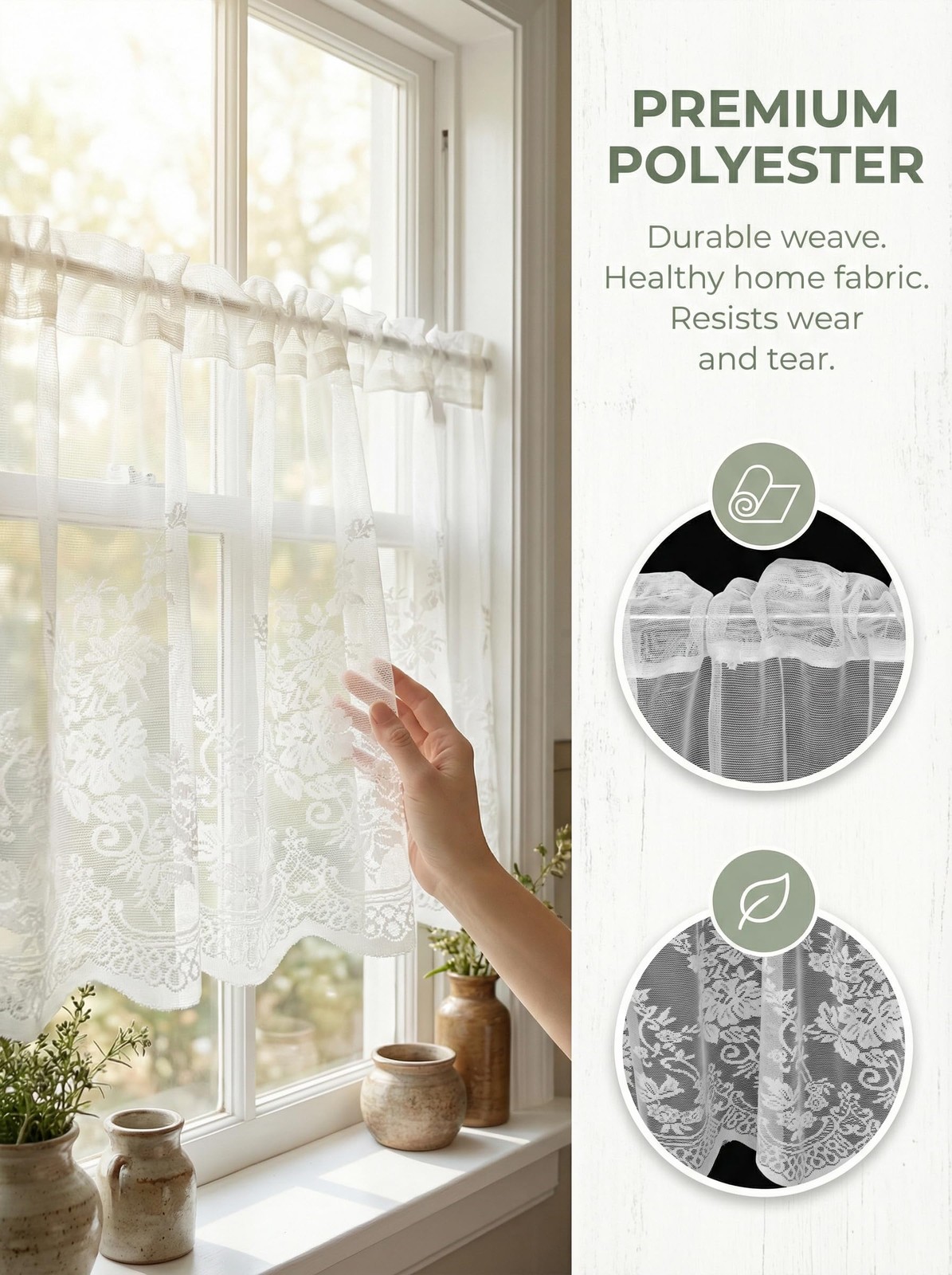 White Lace Window Valance Semi Sheer Floral Curtain for Kitchen Bathroom