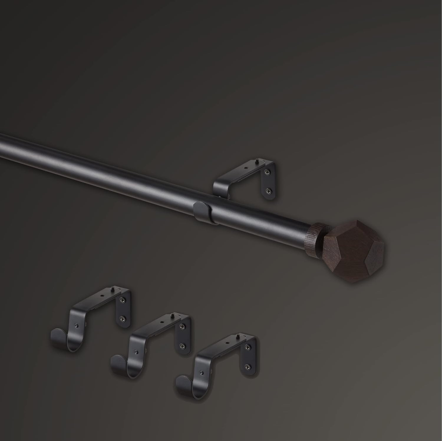 Matte Black Adjustable Curtain Rod Set with Geo Finials, 72”-144”