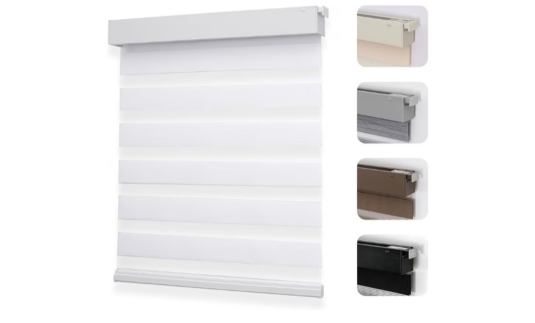 White No-Drill Zebra Blinds – Cordless Day & Night Shades, 15″x48″