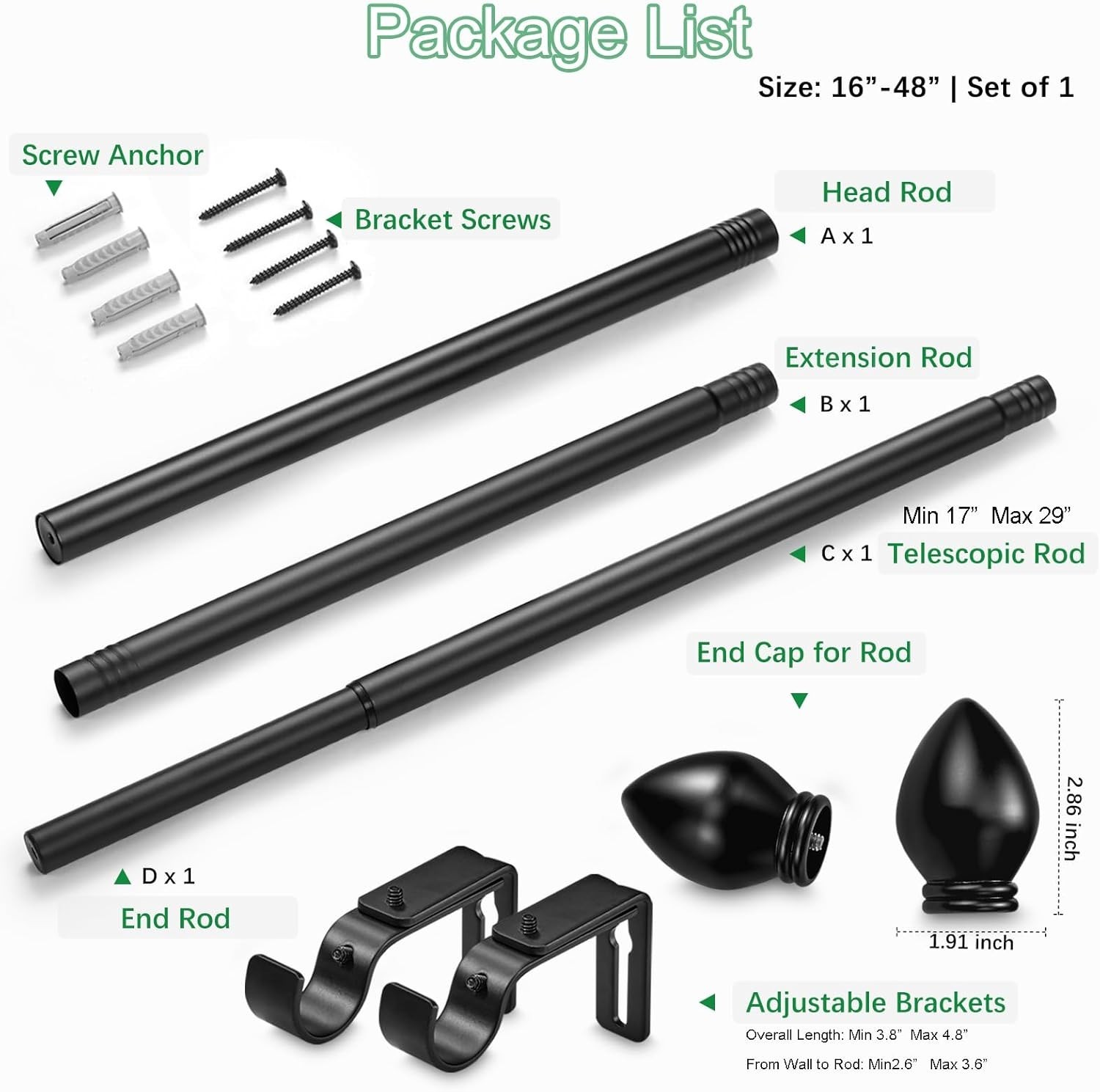 LLPJS Curtain Rods for Windows 16 to 136 inches, Black-with Modern Knobs