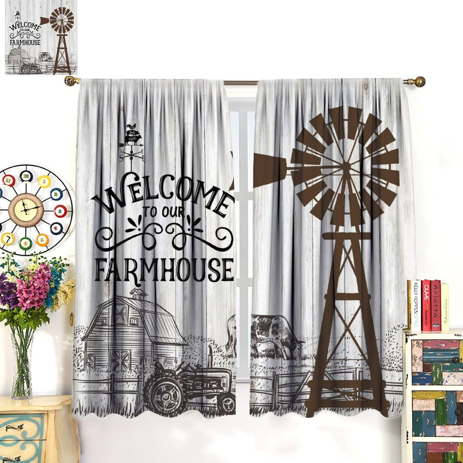 AuiMzoo Rustic Windmill Curtains 84X84 Blackout