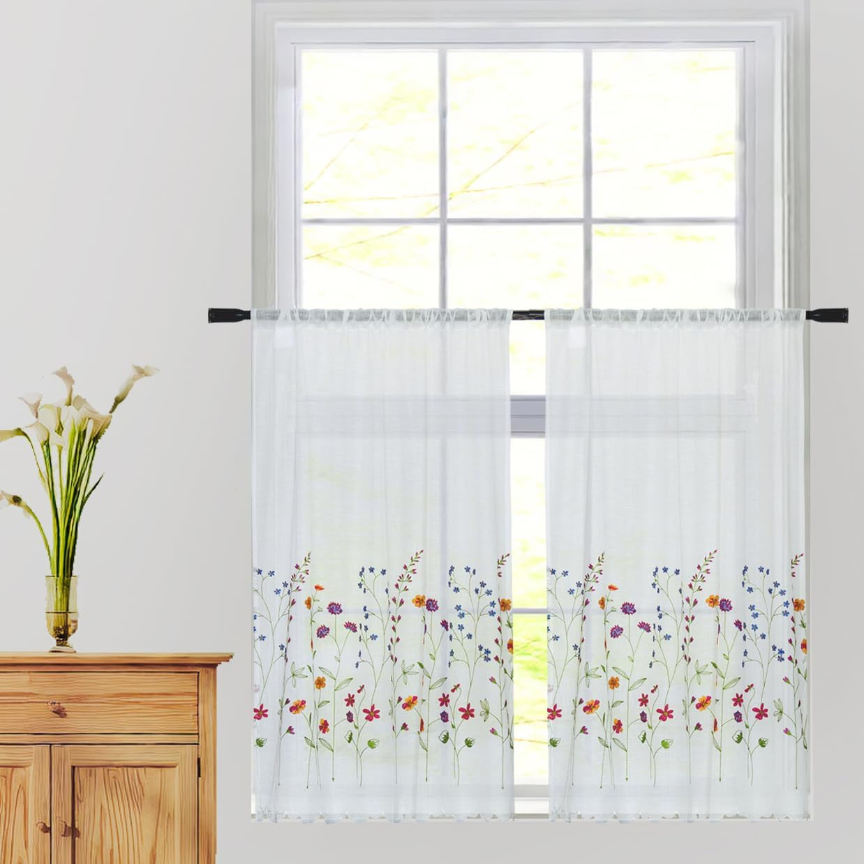 KFL027 Sheer Embroidery Pastoral Style Cafecurtain White Sheer Tiers for Windows