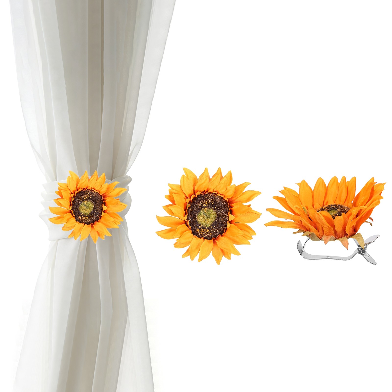 2 Pack Artificial Sunflower Flower Curtain Tiebacks Clips, Orange