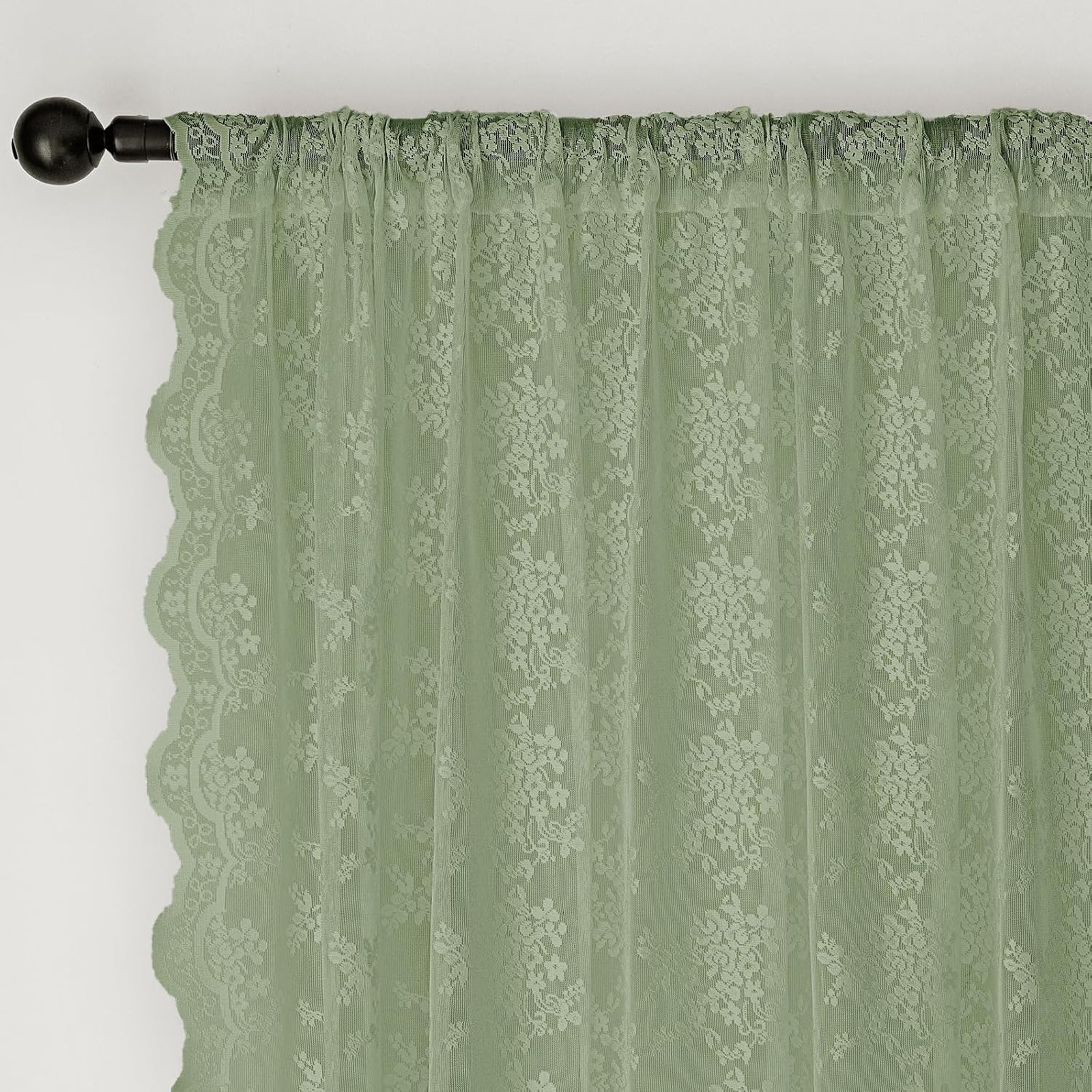 Vintage Sage Green Lace Curtains 63 Inch Long 2 Panel Set Light Filtering Semi
