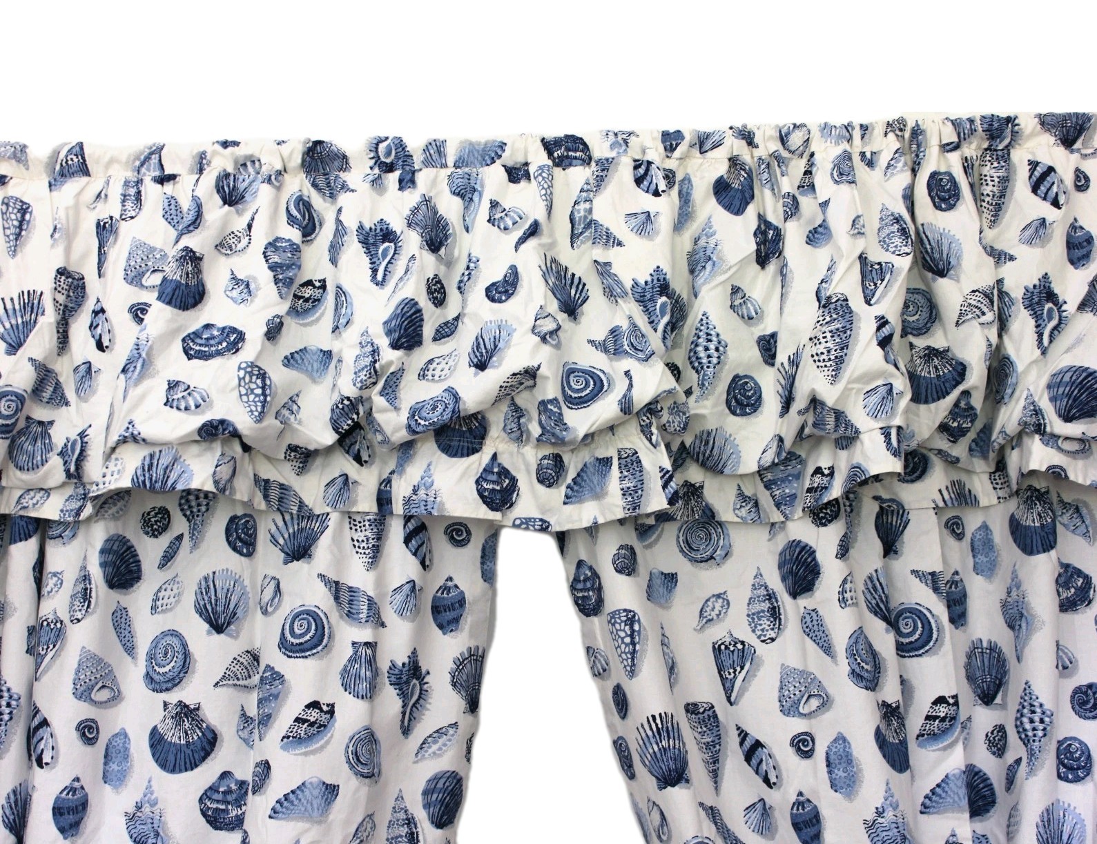 Custom Curtains Blue White Seashell Toile Vtg 3-Pc Drapery Set Beachcomber