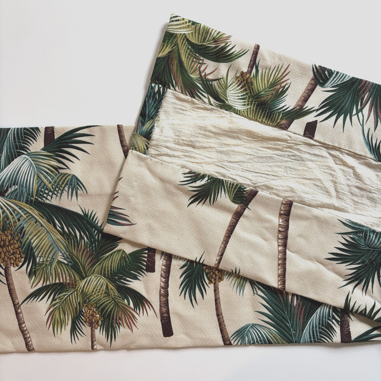Two Barkcloth 13″ Lined Valances Tropical Palm Trees – 51.5″ & 71.5″ Long